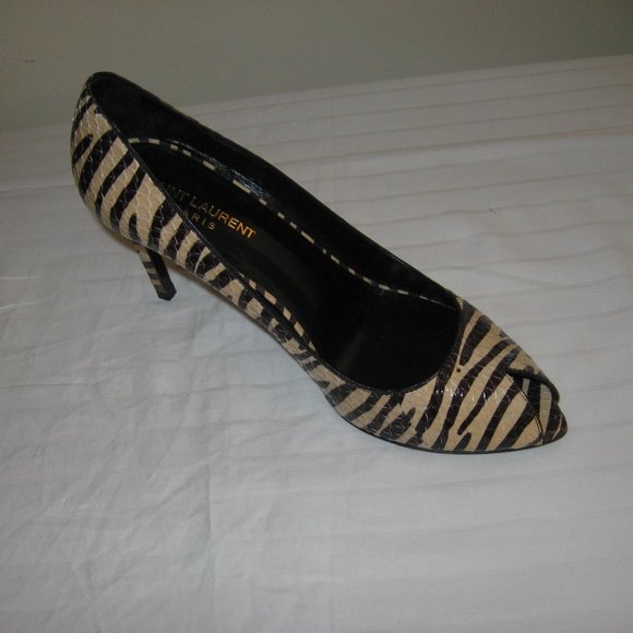 SAINT LAURENT Paris Zebra Striped Peep Toe Heels - Picture 4 of 8